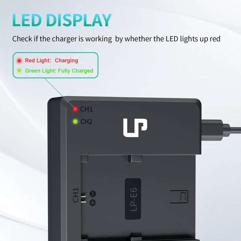 L & P -E6 E6N Battery Charger Pack, 2-Pack 2600mAh Battery & Dual Charger Compatible with Canon EOS R, R5, R6, 90D, 80D, 70D, 60D, 60DA, 5D Mark II, 6D, 6D Mark II, 7D, 7D Mark II, XC15, XC10 Cameras - Image 4